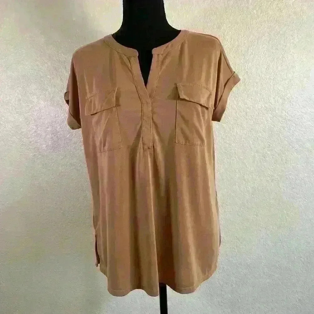J. Jill Knotched neck pocketed cuffed sleeves Brown Tan Women Size Small